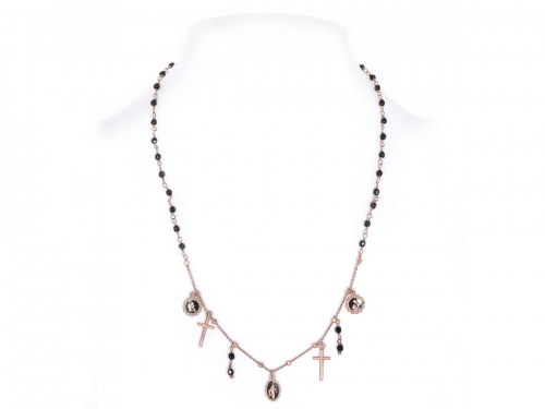 collana in argento rosa con pietre ematite e pendente madonna e croce